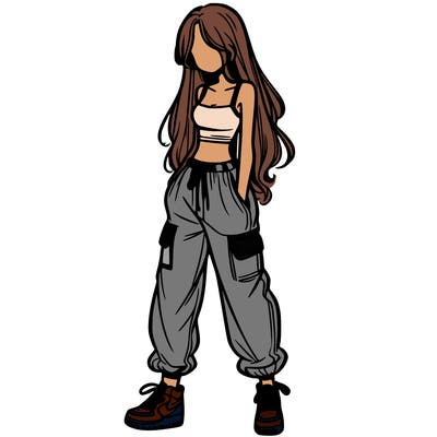 girl in baggy pants crop top and long hair