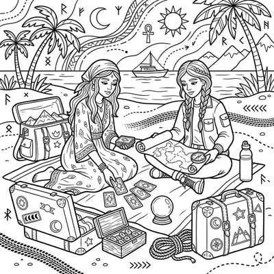 Join two mystical diviners on an enchanting beach vacation, where tarot cards and ancient maps guide their adventurous spirit. This unique coloring page invites you to explore a world of magic, travel, and discovery, perfect for adult and teen colorists.