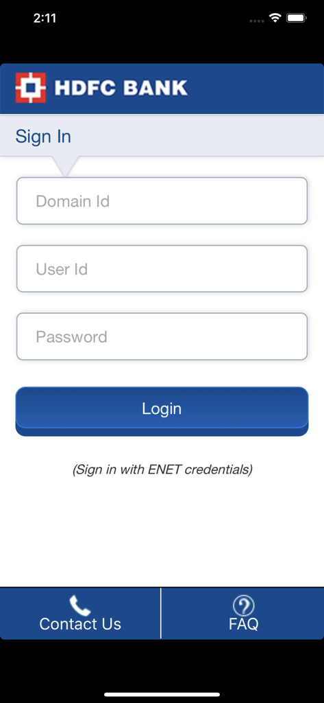 HDFC Bank Trade Finance app login screen showing fields for domain id user id and password