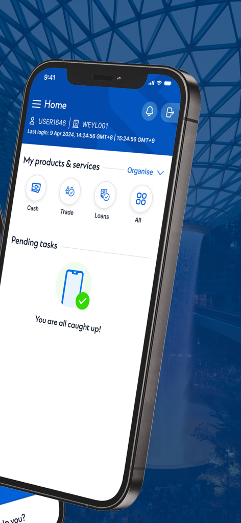 Straight2Bank - Straight2Bank mobile app home dashboard showing corporate cash and trade banking services