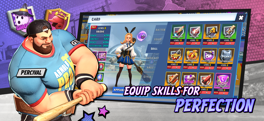 Homerun Clash - Homerun Clash character customization screen showing various equipable skill cards for baseball players