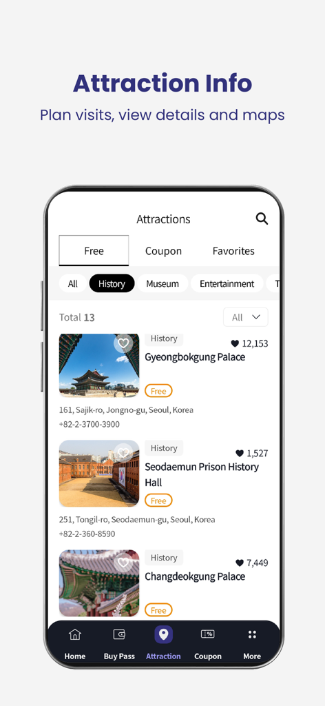 Discover Seoul Pass - Discover Seoul Pass app attraction info screen listing historical sites like Gyeongbokgung Palace and Seodaemun Prison History Hall.