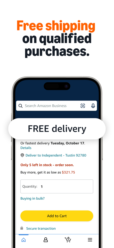 Amazon Business mobile app screen highlighting free delivery and business product availability