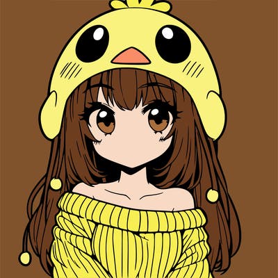 anime girl with chick shaped hat with sweater with bare shoulders with bangs covering them one eye with low tail