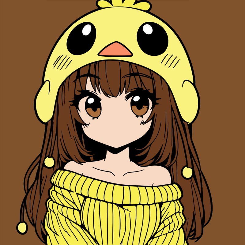 anime girl with chick shaped hat with sweater with bare shoulders with bangs covering them one eye with low tail