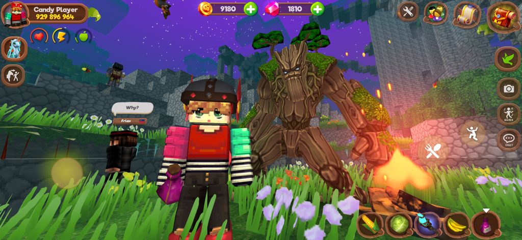 Pony World Craft - Voxel character standing near a giant tree monster in a fantasy world.