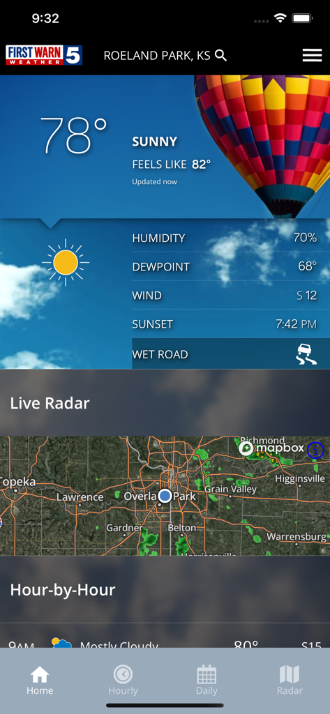 KCTV5 First Warn 5 Weather app dashboard showing current sunny conditions in Roeland Park Kansas and live radar map
