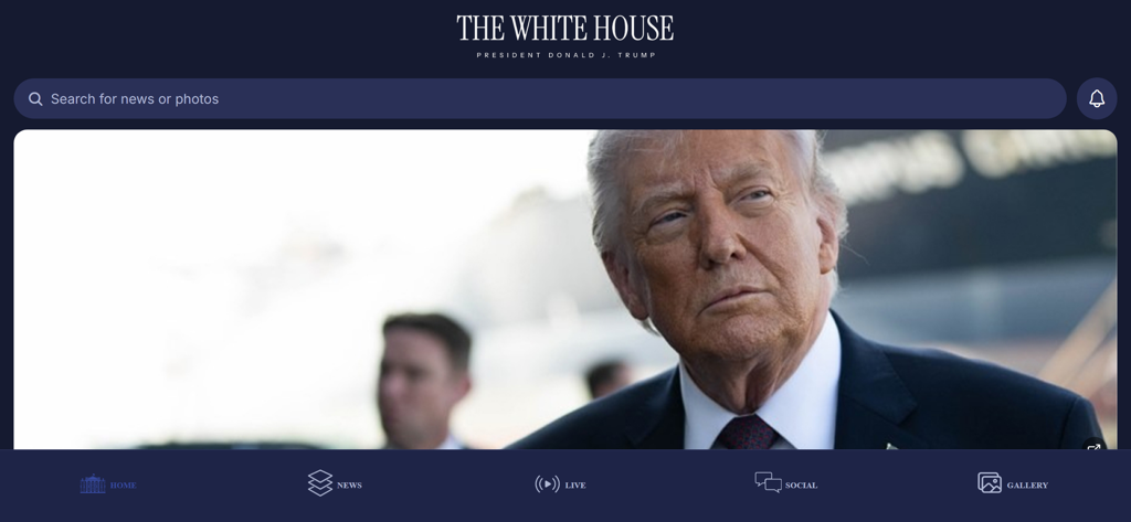 Home screen of The White House official app featuring a portrait of President Donald J. Trump and a navigation bar with news and live stream options.