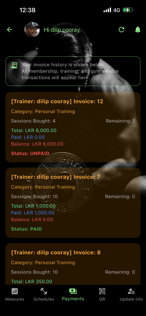 Gym Master app screenshot showing personal training invoice history and payment statuses.