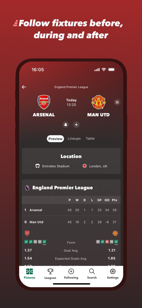 FollowScores: Live Scores - FollowScores app screenshot showing a fixture preview for Arsenal versus Manchester United with league standings and team statistics