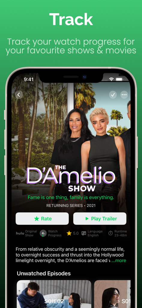 Originals for Hulu - Interfaz de aplicación móvil que muestra el progreso de visualización y los detalles de la serie para The D'Amelio Show en Originals for Hulu