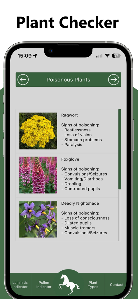 A list of poisonous plants for horses in the Laminitis Checker app Plant Checker feature.