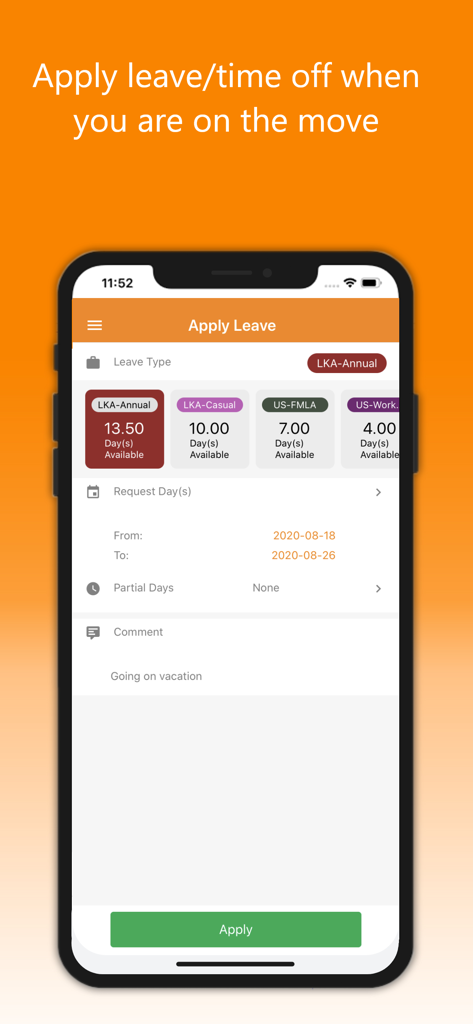 OrangeHRM Open Source mobile app screen showing the apply leave interface with different leave types and date selection.