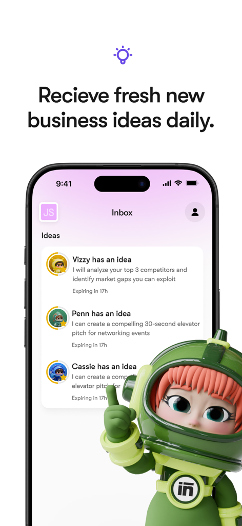 Sintra: AI Employees - Smartphone screen showing the Sintra app inbox with daily business ideas from AI assistants Vizzy, Penn, and Cassie