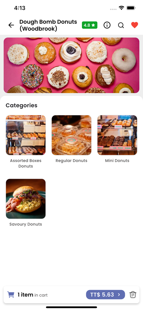 foodDROP app interface showing the menu and categories for a local donut shop in Woodbrook.