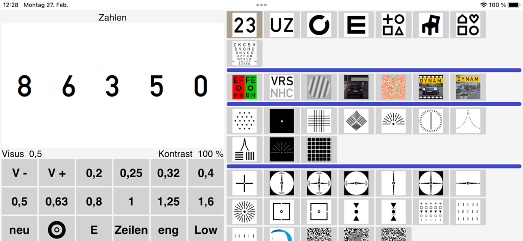 VisucatControl - La interfaz de la aplicación VisucatControl que muestra gráficos profesionales de pruebas de visión y herramientas de diagnóstico para profesionales de la salud visual.