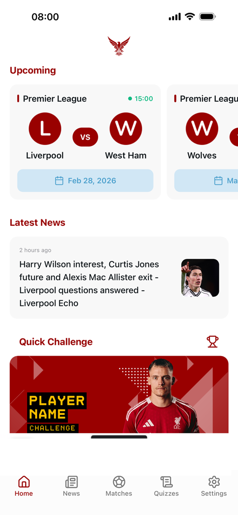 The Red Stand: Liverpool News - Interface of The Red Stand app featuring Liverpool FC match fixtures, latest club news, and a soccer trivia challenge.