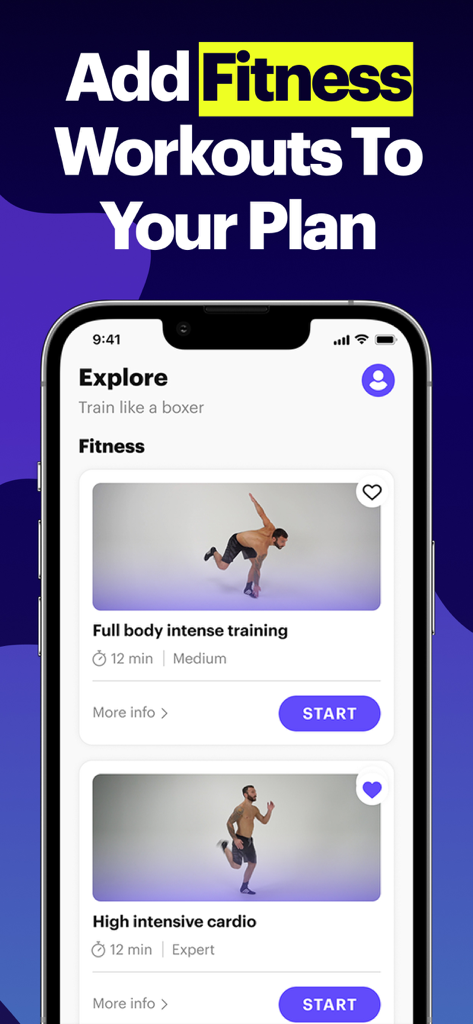 BXNG: Home Boxing Workouts App - Pantalla de la aplicación BXNG que muestra entrenamientos de cuerpo completo y cardio de alta intensidad para agregar a un plan de entrenamiento personalizado.