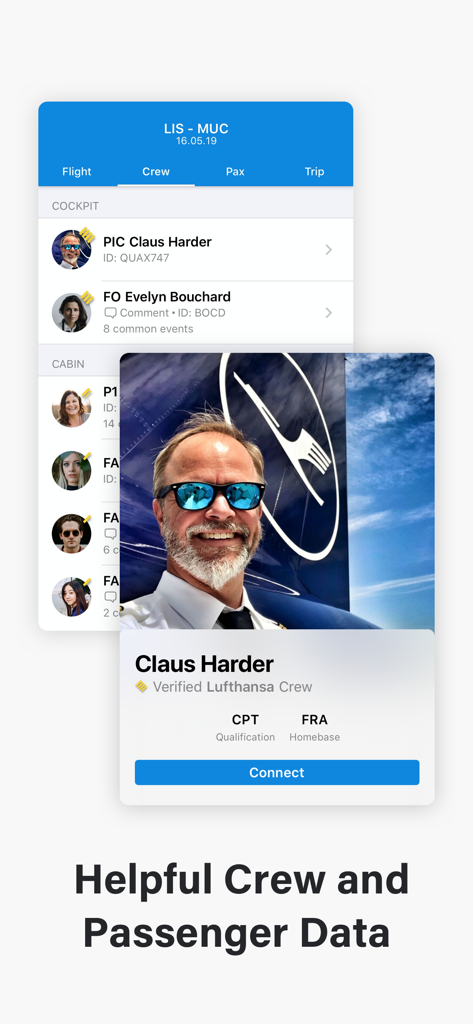 OffBlock - Pantalla de la aplicación móvil OffBlock que muestra la lista de tripulaciones de aerolíneas y una tarjeta de perfil de piloto con un botón de conexión