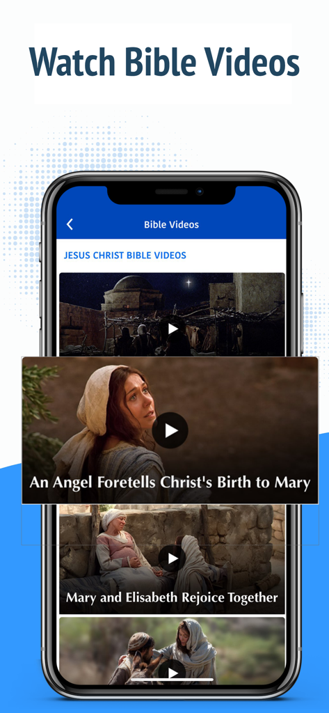 NASB Bible - NAS Holy Version - NASB聖書アプリの「聖書動画を見る」機能を表示するスマートフォンの画面。イエス・キリストに関する動画のリストが表示されています。