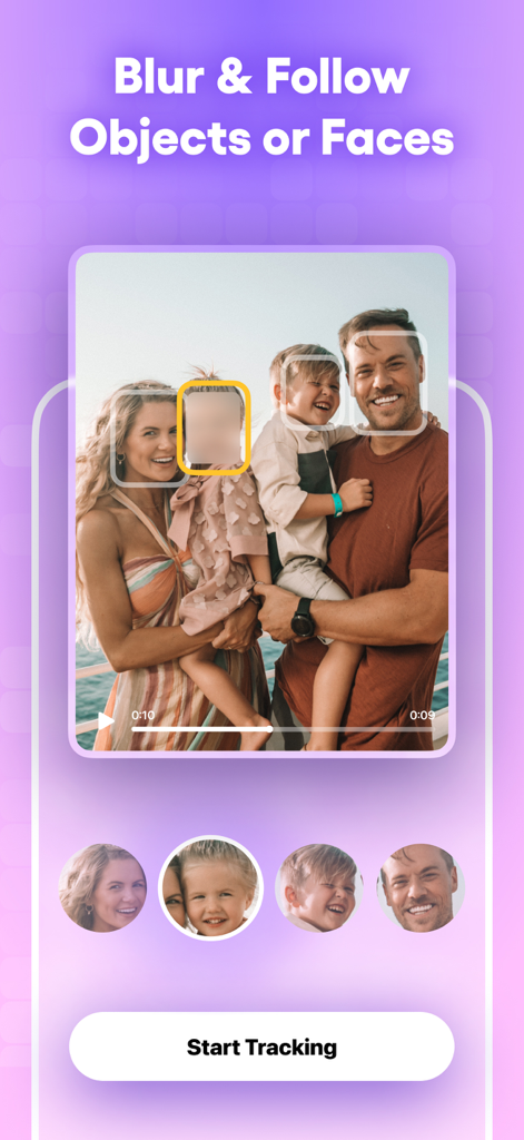 Blur Video· - Mobile app interface showing the face tracking and blurring feature on a family video