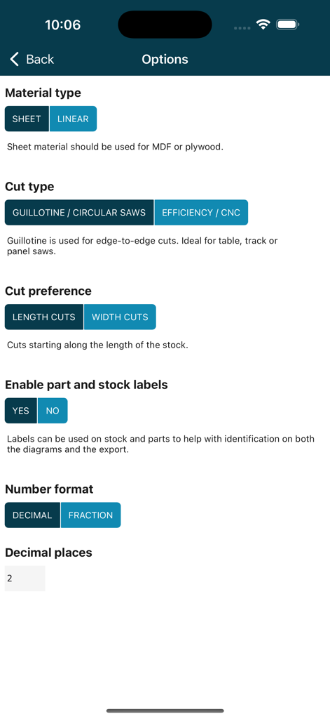 Cutlist Optimizer V2: SmartCut - The settings menu in the SmartCut app showing options for material type cut preference and measurement formats