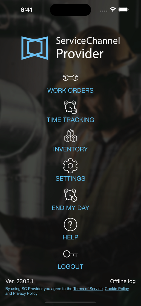 ServiceChannel Provider - Main menu of the ServiceChannel Provider app showing navigation options for work orders, time tracking, inventory, and settings.