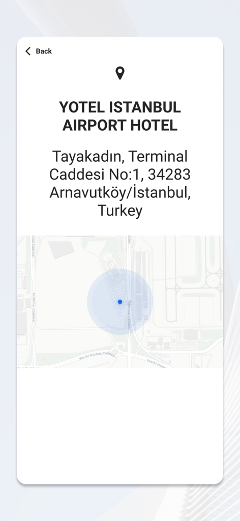 Atriis mobile - Atriis mobile app screen showing Yotel Istanbul Airport Hotel address and map location