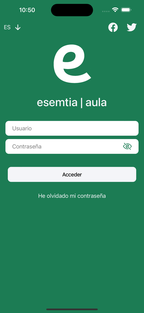 Esemtia Aula - Pantalla de inicio de sesión de la aplicación de gestión escolar Esemtia Aula con campos de entrada de nombre de usuario y contraseña sobre un fondo verde.