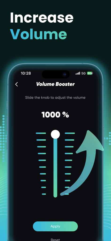 Max Volume Booster: Super Loud - Max Volume Booster app interface showing a volume slider set to 1000 percent