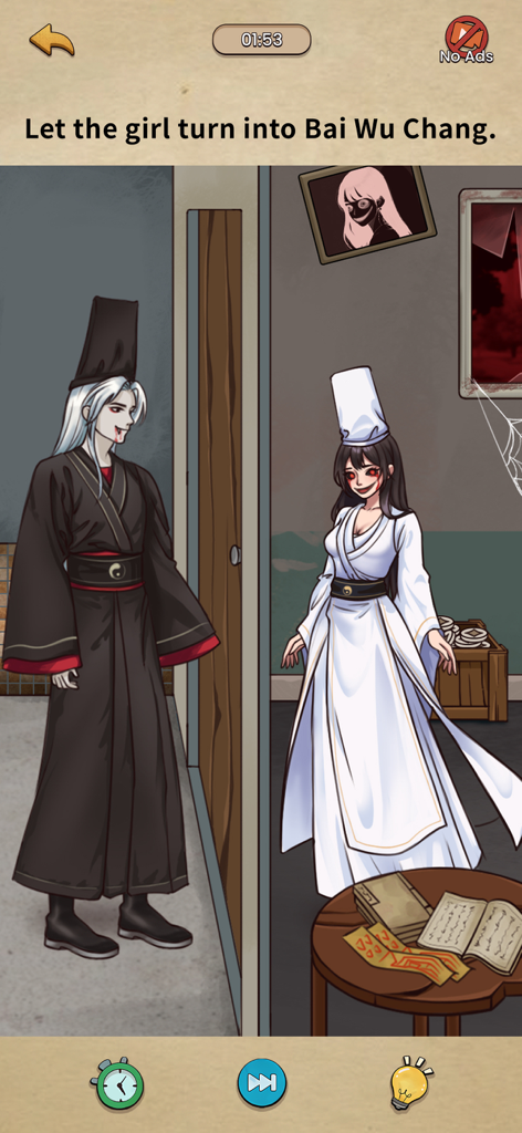A puzzle level from Nightmare Puzzles featuring a girl and a ghostly character in traditional white and black robes.