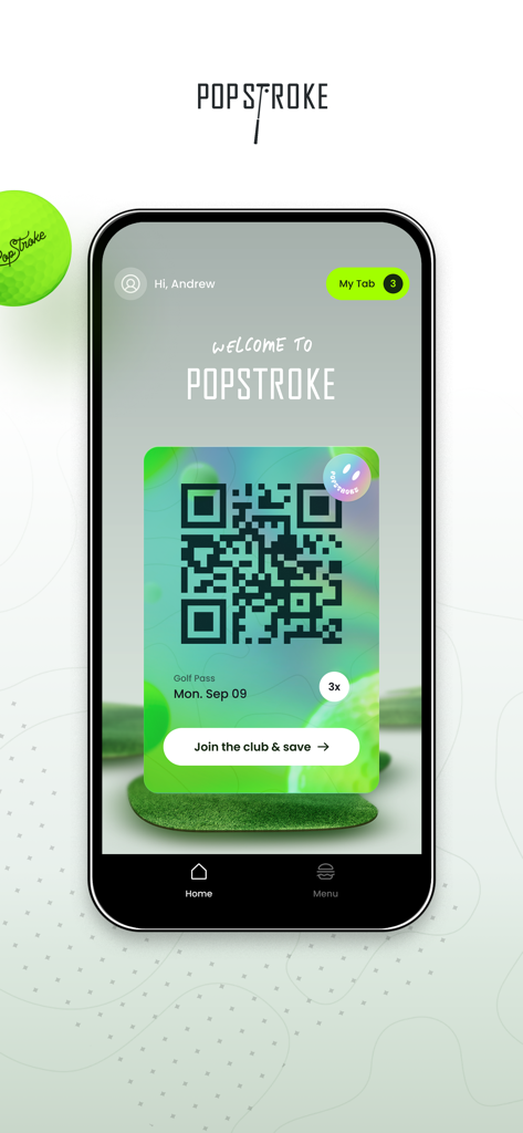 PopStroke - The home screen of the PopStroke app displaying a digital golf pass QR code.