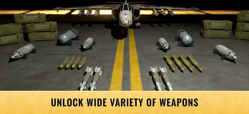 잠금 해제 가능한 다양한 폭탄과 미사일로 둘러싸인 격납고에 있는 군용 제트 전투기.