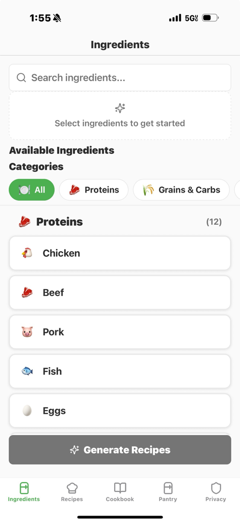 Spachula app ingredient selection screen showing categories like proteins and grains for AI recipe generation.