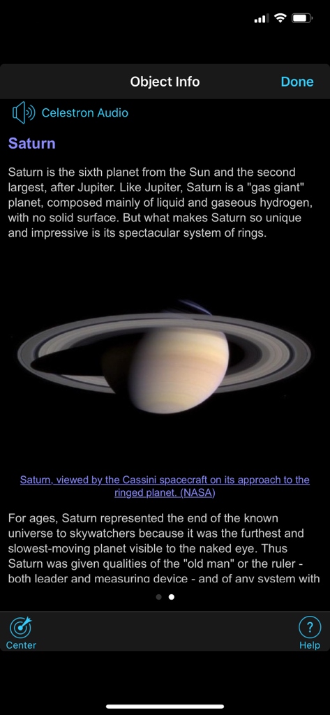 Celestron SkyPortal - Información educativa e imagen de Saturno dentro de la aplicación SkyPortal