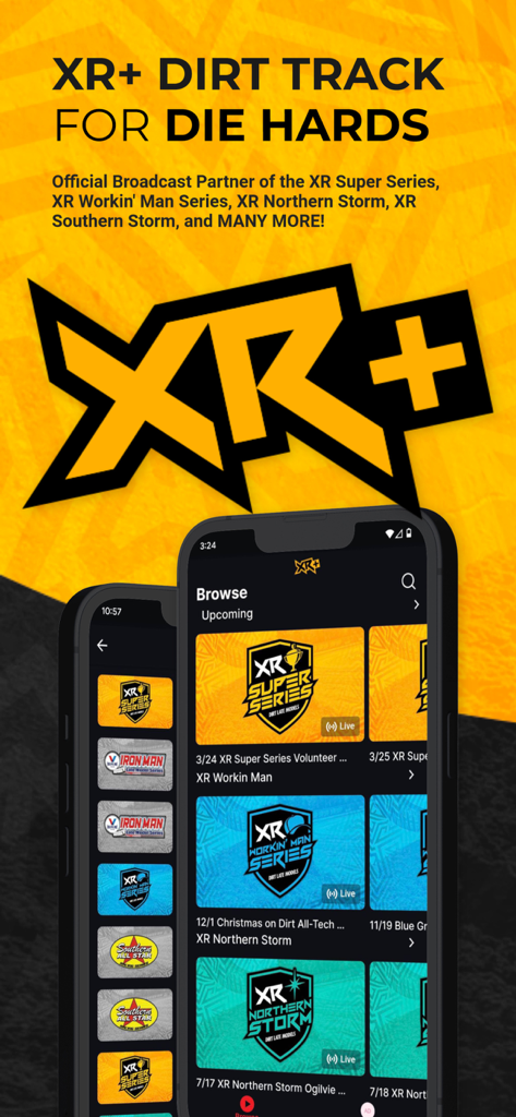 XR Events + - XR Events Plus mobile app interface showcasing various dirt track racing series available for streaming