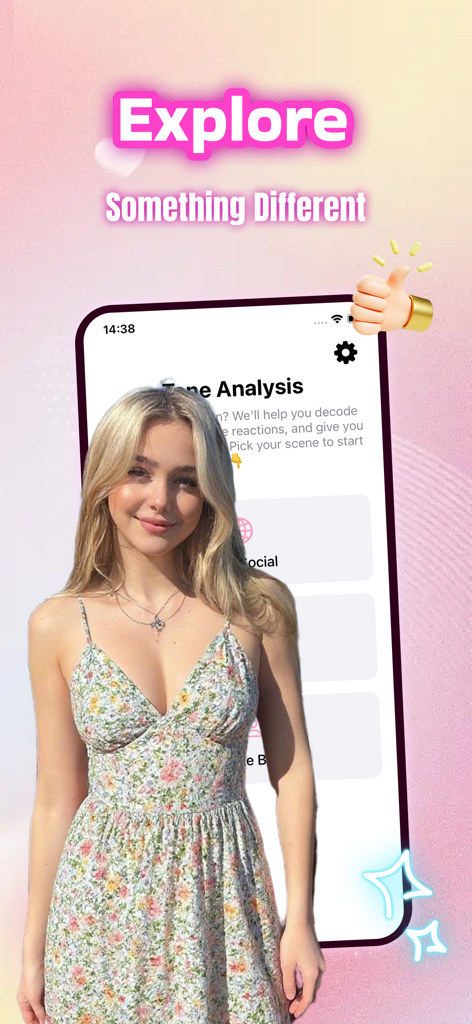 Foca - Chat,Connect - A promotional image of Foca app for social tone analysis featuring a young woman