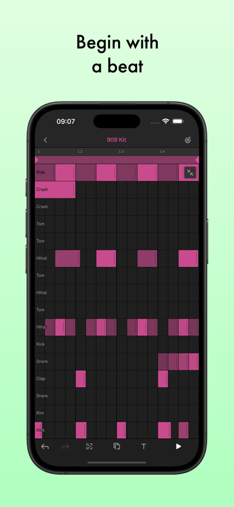 Ableton Note - Un smartphone affichant l'application Ableton Note avec une grille de séquenceur de batterie rose et le texte Commencez avec un rythme.