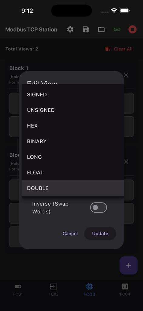 Modbus TCP Station - Interface of Modbus TCP Station app showing register data format selection menu