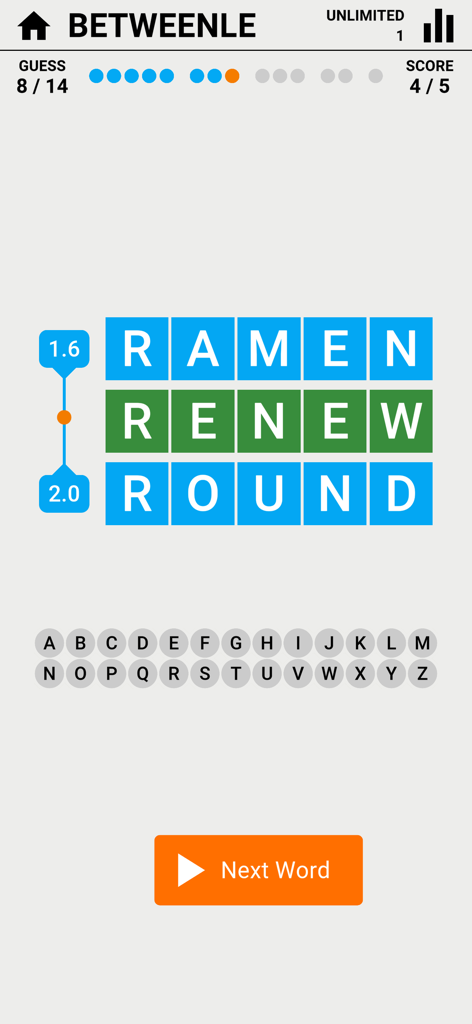 A gameplay screen of the word puzzle game Betweenle showing the secret word Renew found between the words Ramen and Round