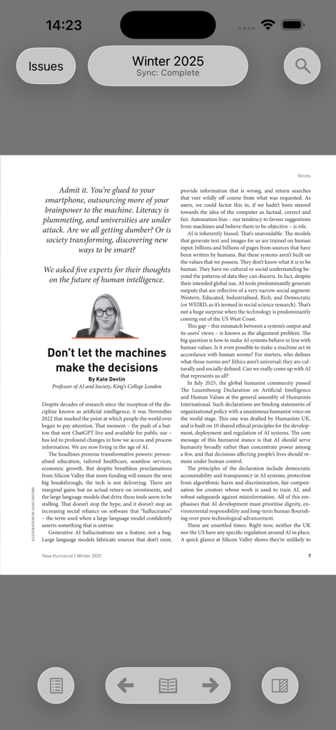 New Humanist - Article dans l'application New Humanist sur l'intelligence artificielle et l'intelligence humaine par le professeur Kate Devlin.
