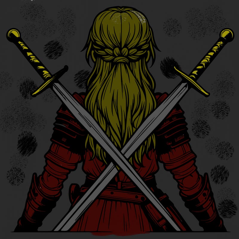 very realistic warrior girl with swords behind her back