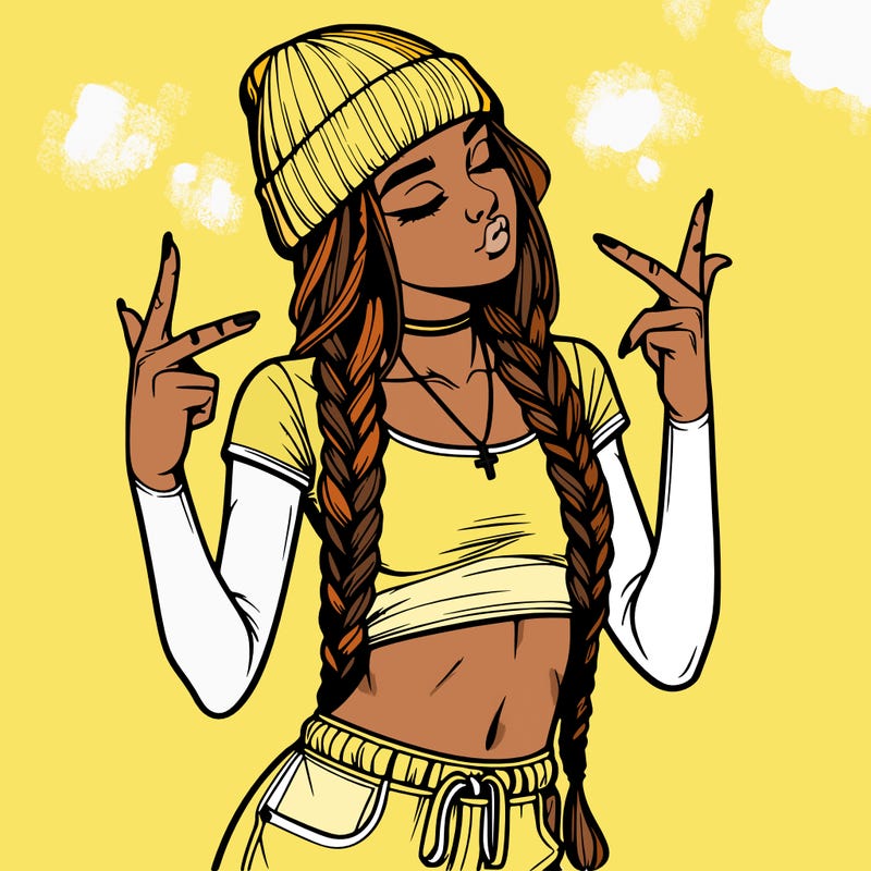 realistic teenage girl with braids and a beanie and crop top doing 🫶🏼