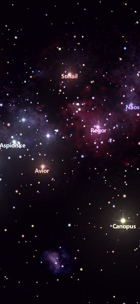 A high quality astronomical view of the night sky with labeled stars including Canopus and Suhail in the Star Tracker Lite app