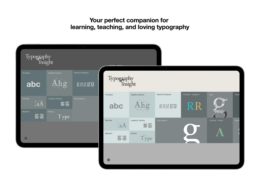 Typography Insight - Typography Insightアプリのダッシュボードが2台のiPadに表示され、さまざまな学習モジュールが表示されている様子