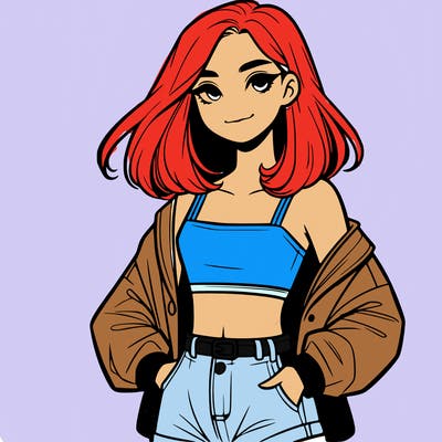 a realistic girl with a crop top and short shorts in an open jacket