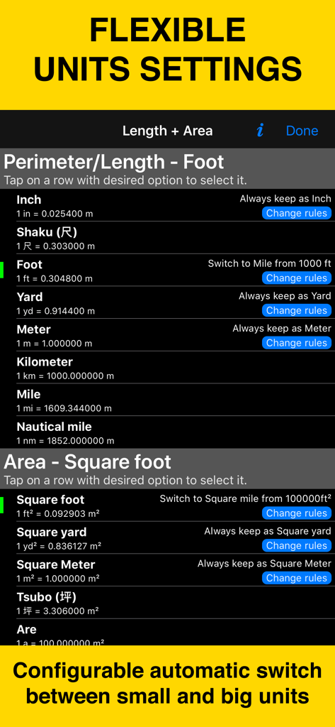 Planimeter 55 settings screen showing flexible unit options for length and area measurements