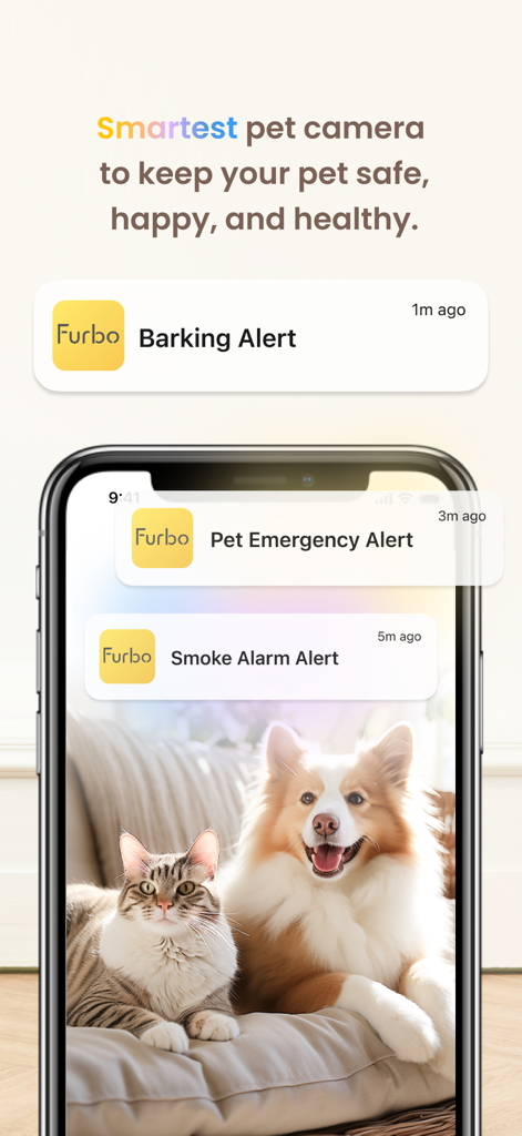 Furbo app interface showing pet emergency barking and smoke alarm notifications on a smartphone