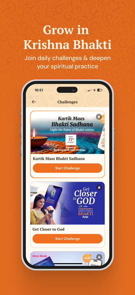Bhagavad Gita - Krishna Bhakti - Bhagavad Gita app interface showing spiritual challenges and daily practices