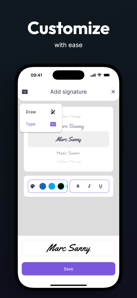Una interfaz móvil que muestra opciones de personalización de firmas, incluyendo dibujar, escribir y seleccionar estilos y colores de fuente.
